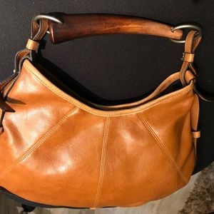 VINTAGE TAN LEATHER HAND BAG W/WOOD HORN HANDLE